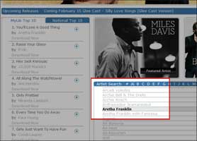 Screenshot showing the alphabetical artist list on Freegal.