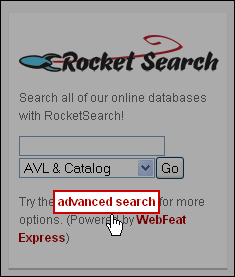 Screenshot: click the 'advanced search' link in the RocketSearch box