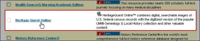 Screenshot: Where to click to access just the Heritage Quest databases.