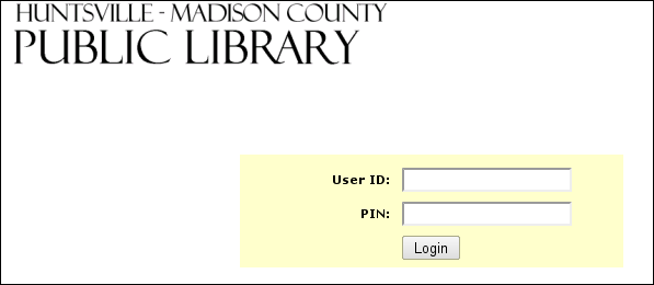 Screenshot: type your library card number and PIN here.