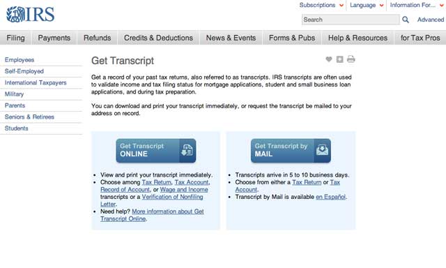Screenshot of the Get Transcript .gov site Screenshot of the Get Transcript .gov site
