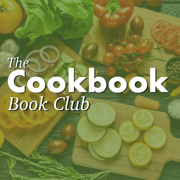 image of vegetables on a cutting board with translucent green overlay; "the cookbook book club" is in white text on top of the image
